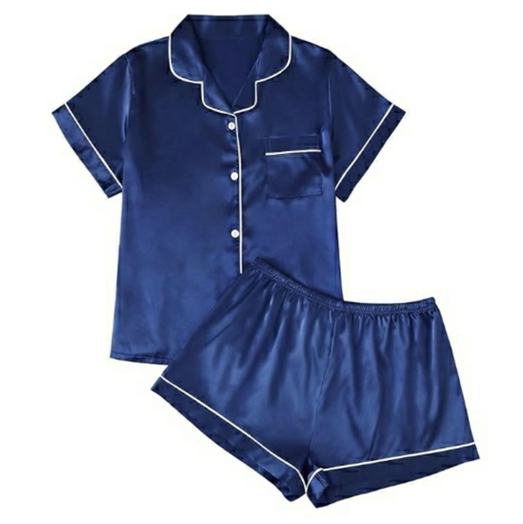 Autumet Other - Silk Satin Fall Soft Pajama Set Matching Lounge Button Up Navy Blue